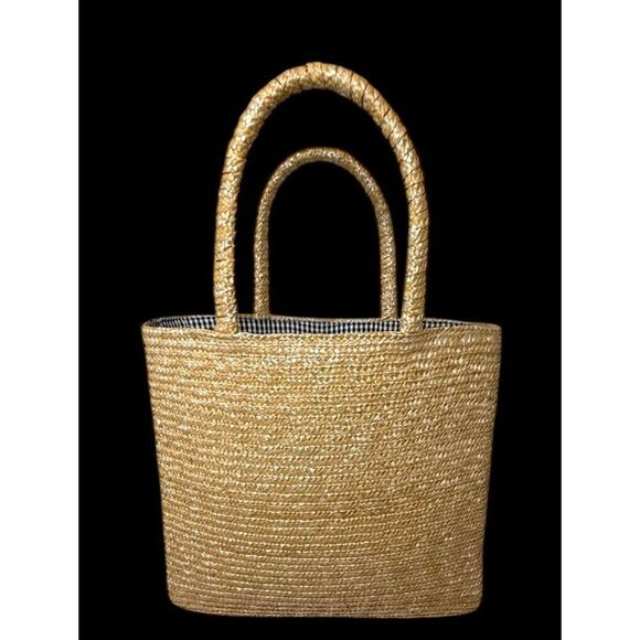 Cappelli Strawworld Weaved Purse Scottie Dog Tote Gingham Lining - Picture 4 of 8